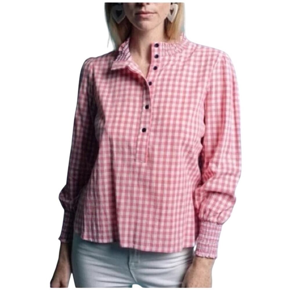 The Shirt Rochelle Behrens Pink White‎ Gingham Smocked neck /sleeves XS NWT